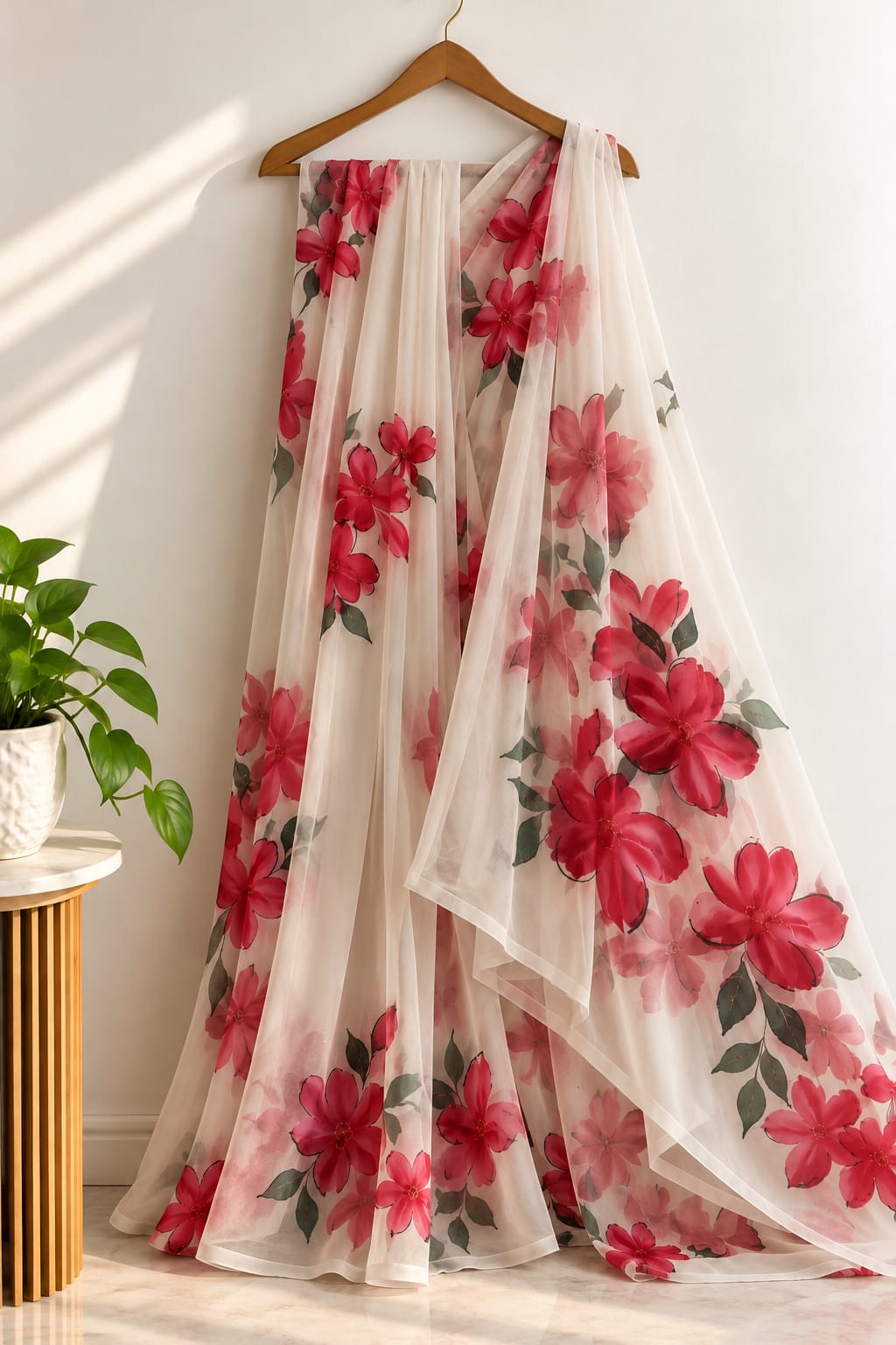 Ivory Organza Saree with Red Florals