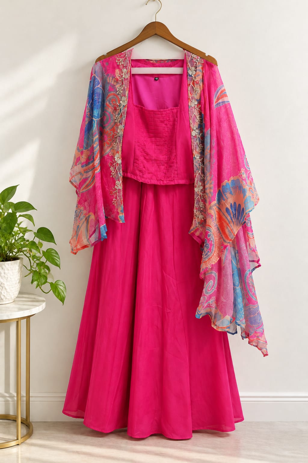 Fuchsia Lehenga with Printed Cape