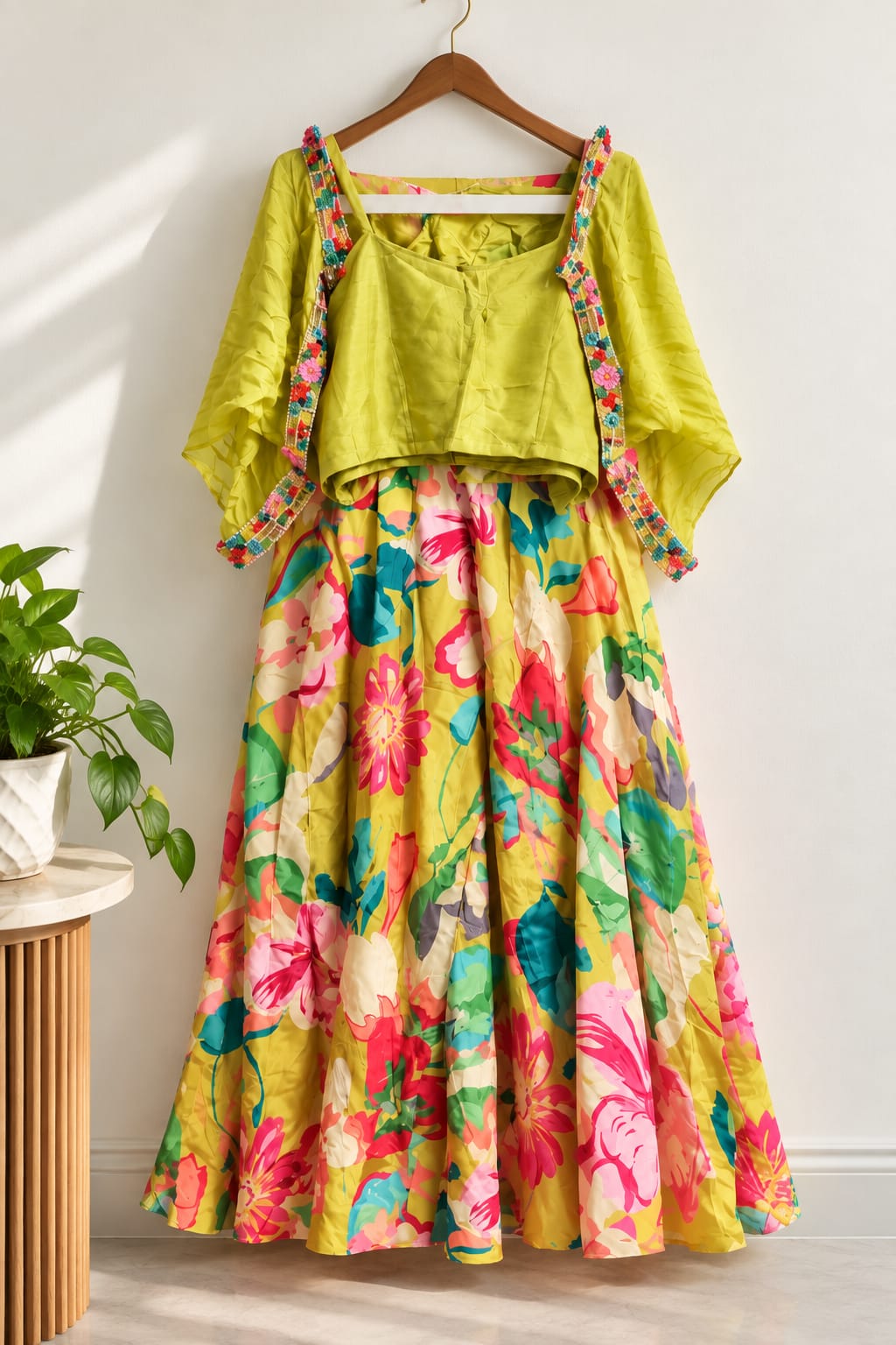 Lime Crop Top with Tropical Print Lehenga