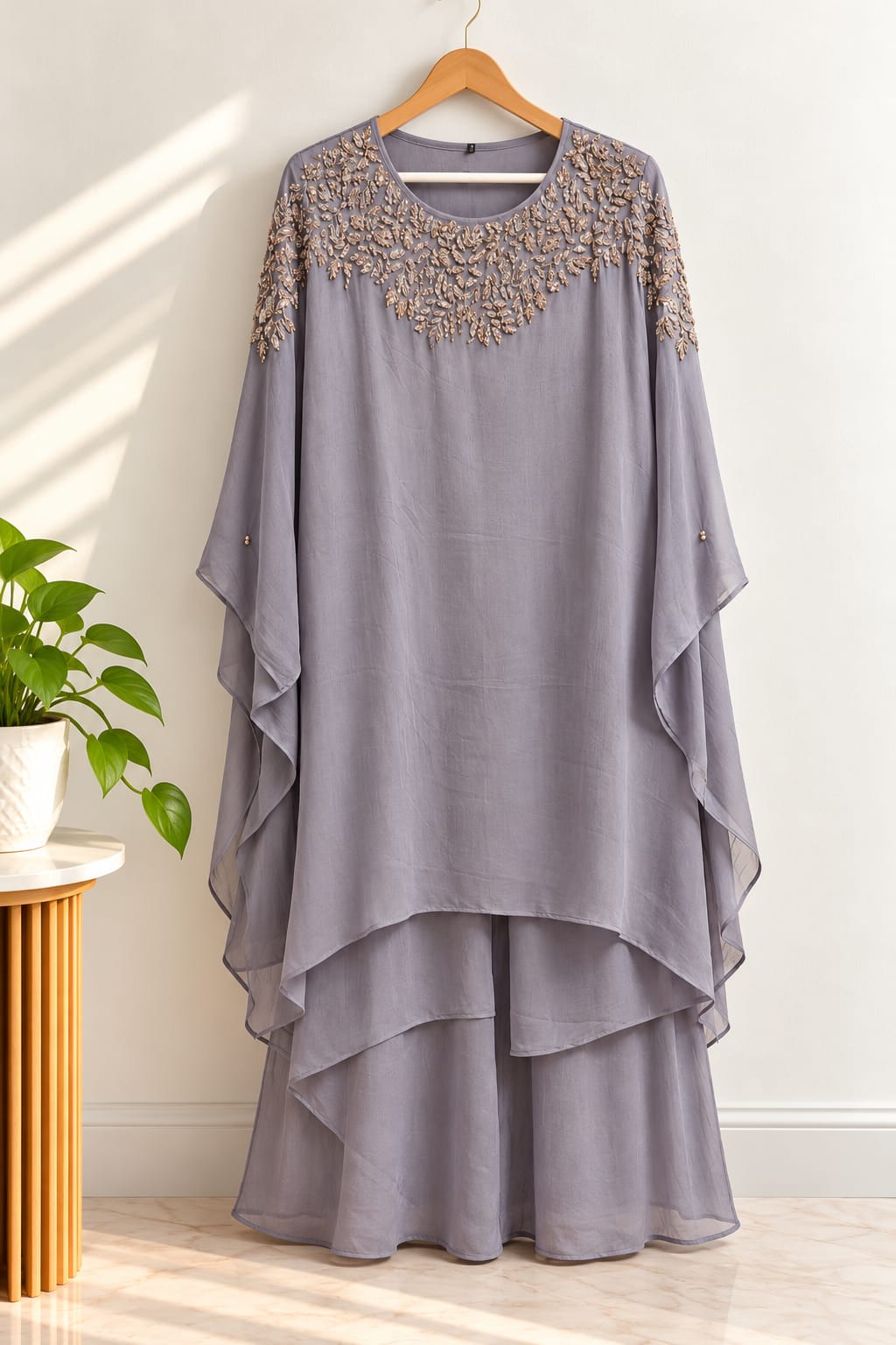 Grey Cape Kurta with Pearl Yoke