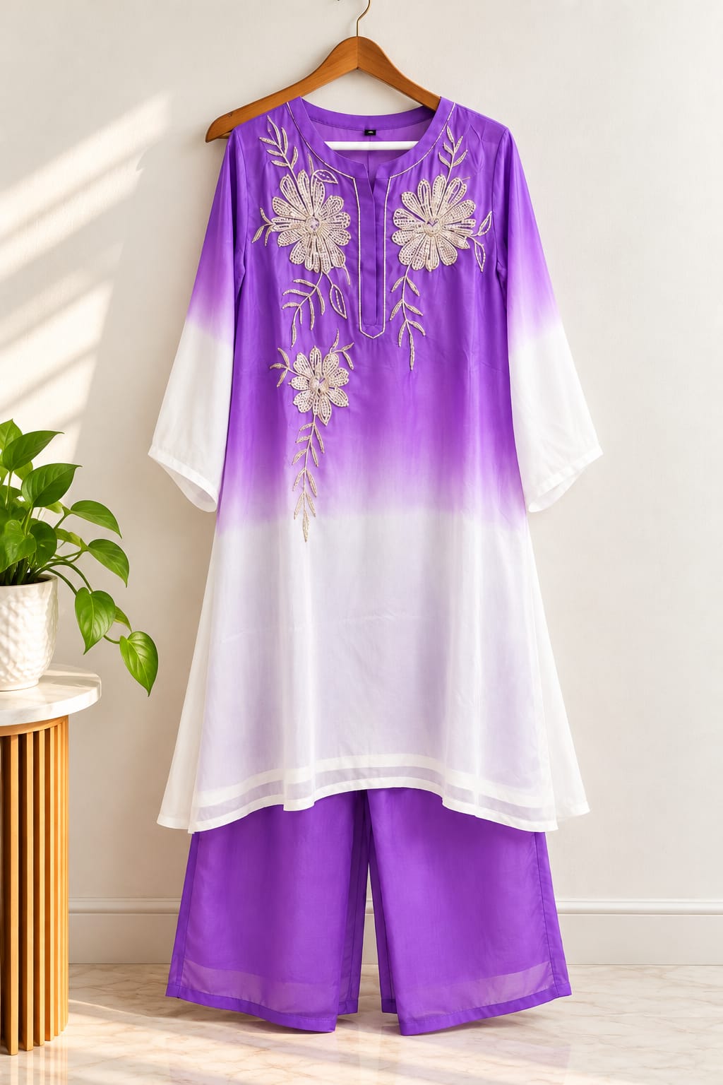 Purple Ombré Embroidered Kurta Set